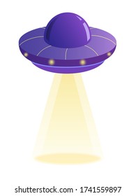 Purple space ship  UFO, yellow ray of light on a white background. Vector isolated illustration in cartoon style. World UFO day.