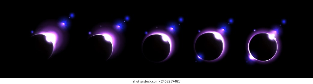 Purple space solar eclipse light glow in galaxy vector. Neon universe planet flare and ray abstract outer world ring. Cosmic sunrise shine with blue sparkle. Isolated halo edge on black background