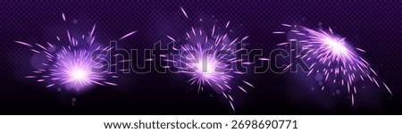 Purple spark effects with weld like bursts for game or animation - bright radial explosions, energy flashes and light rays on transparent background. Magic glow elements set with glow particles.