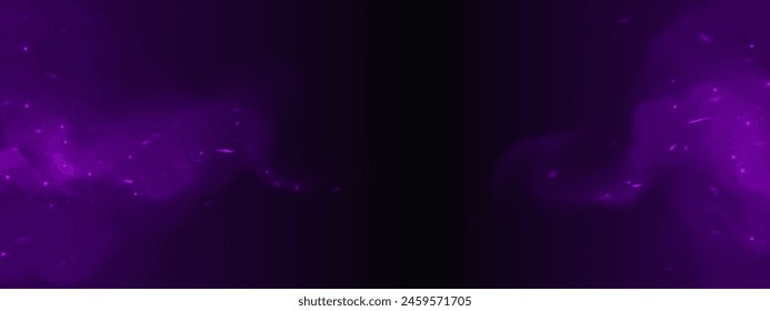 Purple spark smoke and magic fire particle effect background. Dark cloud and abstract fog overlay design for night halloween frame. Violet spell and smoky explosion powder energy illustration