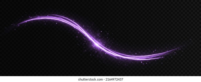 Purple sparkle waves with light effect. Shimmering magic dust particles. Glittering bright dust trail.