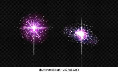 Purple sparkler sticks set isolated on transparent background. Vector realistic illustration of bright burning firework lights, New Year, birthday, anniversary celebration party, magic festival
