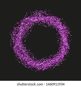 Purple Sparkles And Glitter Powder Spray Frame. Sparkling Glitter Particles Explosion On Vector Black Transparent Background. Purple Round Frame Or Luxury Fireworks And Confetti Outburst