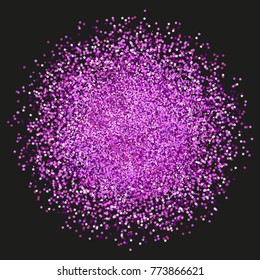 Purple sparkles and glittering powder spray. Sparkling glitter particles explosion on vector black transparent background. Violet star light shining or luxury fireworks and confetti outburst