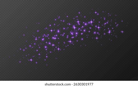 Purple sparkling stars, shiny particles light effect, transparent flying stardust texture