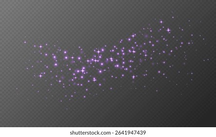 Purple sparkling stars, shiny particles light effect, transparent flying stardust texture