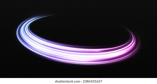 Purple sparkling wavy lines. Shiny space comet effect. Magic round trail twinkling on transparent background. 