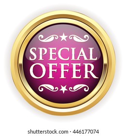 Purple special offer button, badge with gold border on white background