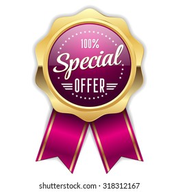 Purple special offer rosette with gold border on white background
