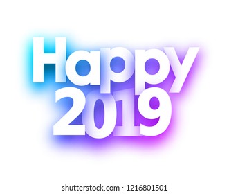 Purple spectrum happy 2019 new year festive sign on white background. Vector paper illustration.