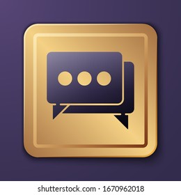 Purple Speech bubble chat icon isolated on purple background. Message icon. Communication or comment chat symbol. Gold square button. Vector Illustration