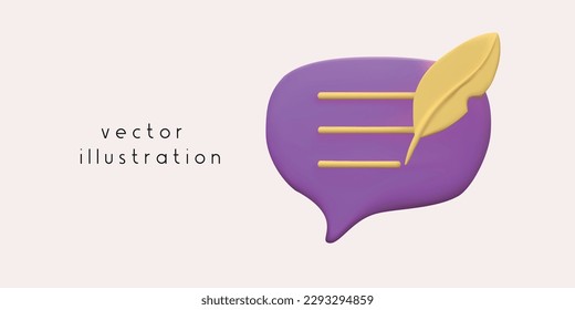 Purple speech bubble with feather in 3d plastic style. Feedback concept vector 3D render.