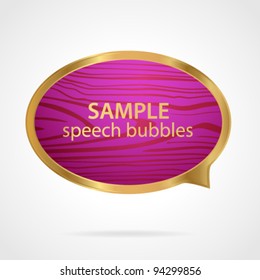 Purple speech bubble in golden frame. Used wooden / stripy  texture. Useful for websites, blogs, web ad, or different designs. Isolated Vector illustration on white background EPS 10