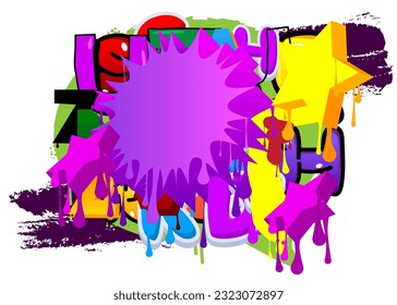 Purple Speech Bubble Graffiti Background. Colorful Urban painting style backdrop. Abstract discussion symbol in modern dirty street art decoration.
