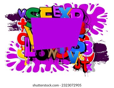 Purple Speech Bubble Graffiti Background. Colorful Urban painting style backdrop. Abstract discussion symbol in modern dirty street art decoration.
