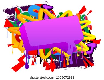 Purple-Speech-Bubble-Graffiti-Hintergrund. Farbige urbane Malerei-Hintergrund. Abstraktes Diskussionssymbol in der modernen schmutzigen Street Art Dekoration.
