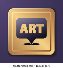 Purple Speech bubble with text art icon isolated on purple background. Message icon. Communication or comment chat symbol. Gold square button. Vector Illustration