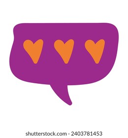 Purple speech bubble with three orange hearts on a white background, symbolizing love or appreciation.