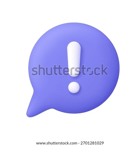 Purple speech bubble with white exclamation mark. Alert, warning, caution, attention, important message, messaging app and notification concept. 3d vector icon. Cartoon minimal style.