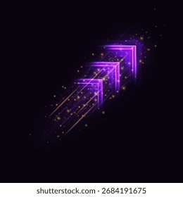 Purple speed arrow with flow lines and glowing particles, direction up right. Cyber technology, progress, business, energy. Vector illustration. Isolated black background.