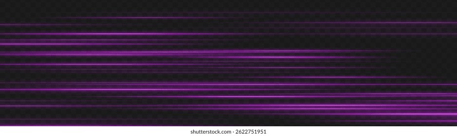 Purple speed light lines in motion blur style. Horizontal glowing streaks on dark background ideal for neon UI, energy trails, and futuristic tech elements.