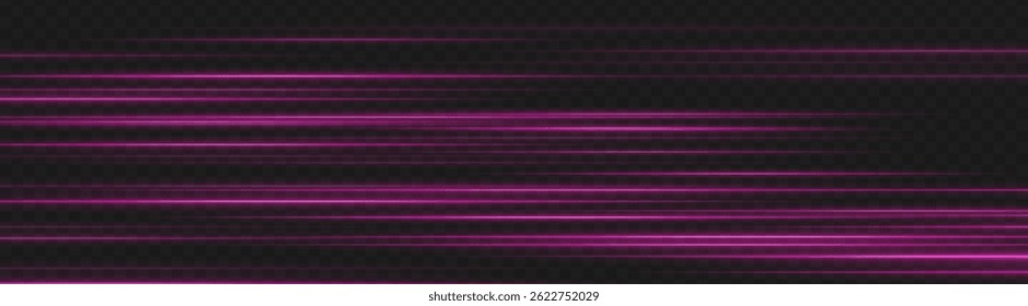 Purple speed light lines in motion blur style. Horizontal glowing streaks on dark background ideal for neon UI, energy trails, and futuristic tech elements.