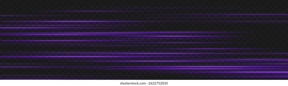 Linhas de luz de velocidade roxas em estilo de desfoque de movimento. Listras brilhantes horizontais em fundo escuro ideal para IU neon, trilhas de energia e elementos de tecnologia futurista.