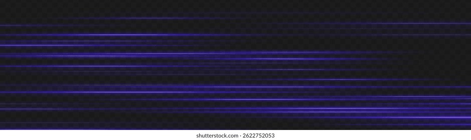 Purple speed light lines in motion blur style. Horizontal glowing streaks on dark background ideal for neon UI, energy trails, and futuristic tech elements.