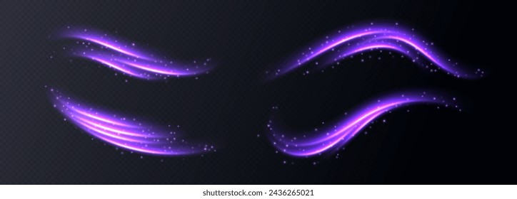 Líneas de velocidad púrpura, luz en movimiento, rastros de luz brillante con destellos. Efecto de movimiento brillante, remolinos luminiscentes. Decoración vectorial.