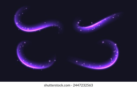 Líneas de velocidad púrpura, luz en movimiento, rastros de luz brillante. Efecto de movimiento brillante, remolinos luminiscentes. Decoración de Vector.