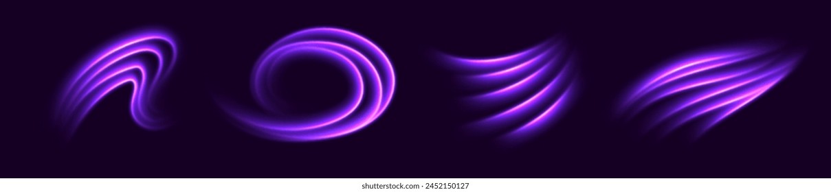 Líneas de velocidad púrpura, luz en movimiento, rastros de luz brillante. Efecto de movimiento brillante, remolinos luminiscentes. Decoración de Vector.