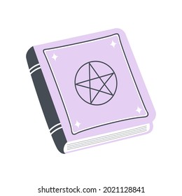 purple spell book isolated on white background, magic mystic book, witchcraft equipment, old medieval parchment in cartoon style, vector illustration