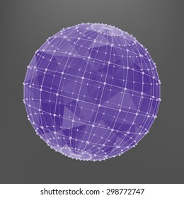Purple sphere with triangles and polygons from lines connected points. Gray uniform background.