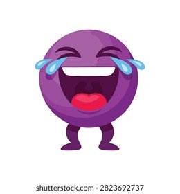 Purple spherical emoticon character with small legs, hysterically laughing with wide open mouth showing tongue and teeth, squeezing eyes shut with blue tears of joy on white background.