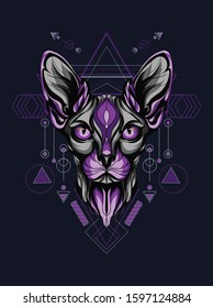 Purple Sphinx cat illustration with sacred geometry pattern