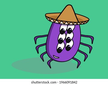 Purple spider in a Mexican hat. Cartoon character