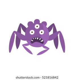 Purple Spider Shaped Aggressive Malignant Bacteria Monster With Sharp Teeth And Three Eyes Cartoon Vector Illustration