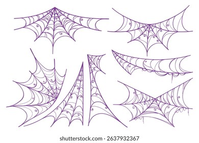 Purple Spider Web Set in Hand Drawn Style. Doodle arachnid web perfect for cards, party invitations, web, fashion, print