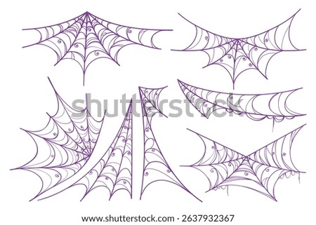 Purple Spider Web Set in Hand Drawn Style. Doodle arachnid web perfect for cards, party invitations, web, fashion, print