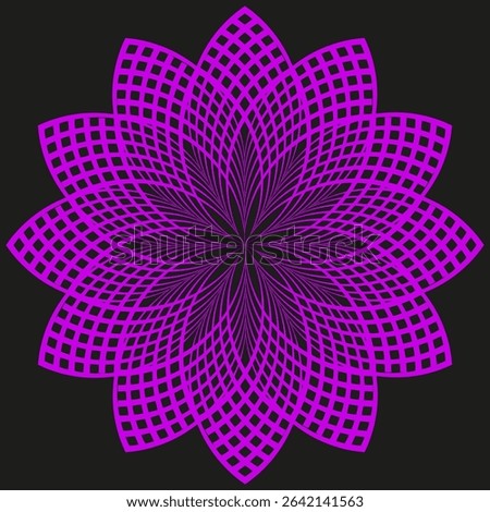 Purple spirograph bloom. Radial rosette pattern. Intricate floral wheel. Vector geometric mandala.