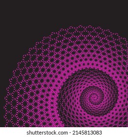 Purple spirograph pattern on dark background. Half tone spiral vortex on dark backdrop. Universe objects. Isolated vector illustration on black background.
