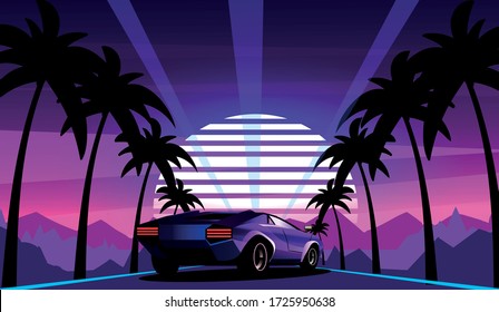 Purple sports car on the background of a retro wave landscape with palm trees along the road. Vector illustration in the style of the 80s.