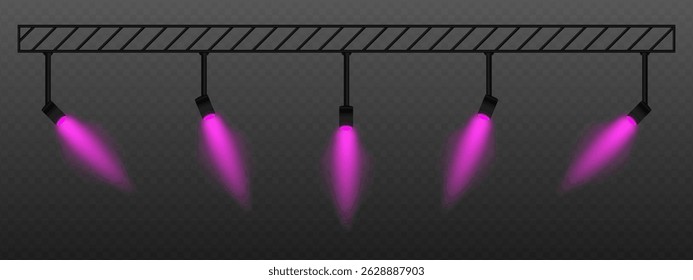 Purple spotlight. Adjustable light projectors with angled beams, directed stage lighting system for studio, performance or interior illumination design.