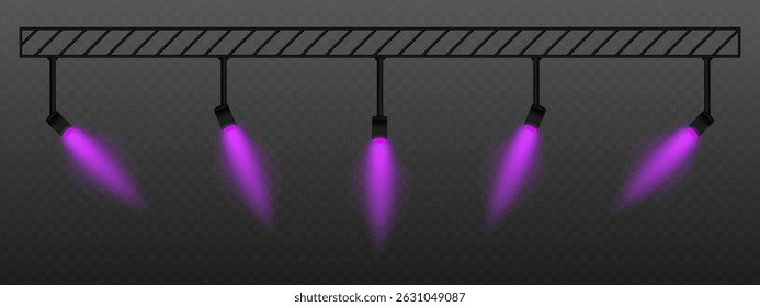 Purple spotlight. Adjustable light projectors with angled beams, directed stage lighting system for studio, performance or interior illumination design.