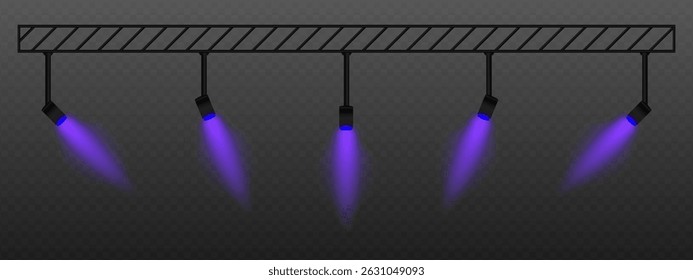 Purple spotlight. Adjustable light projectors with angled beams, directed stage lighting system for studio, performance or interior illumination design.