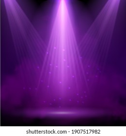 Purple spotlight. Bright lighting with spotlights of the stage with purple ducst on transparent background