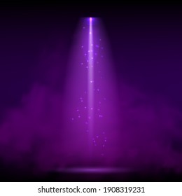 Purple spotlight. Bright lighting with spotlights of the stage with purple dust on dark background