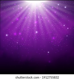 Purple spotlight. Bright lighting with spotlights of the stage with purple dust on dark background