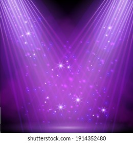 Purple spotlight. Bright lighting with spotlights of the stage with purple dust on dark background