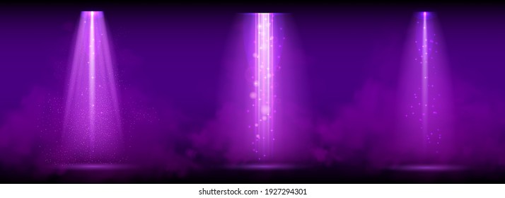 El foco morado. Luces luminosas con focos de luz en el escenario con conductos violetas sobre fondo transparente